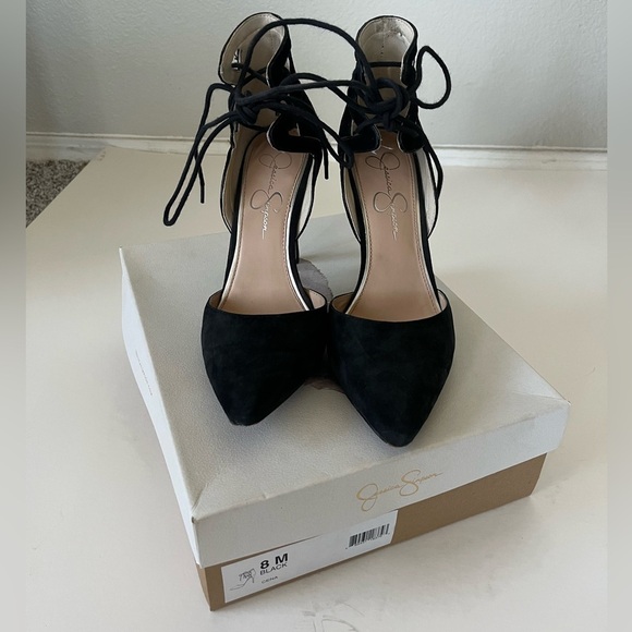 Jessica Simpson Cena Lace Up Black Suede Pointy Toe Heels Women's Size 8 - Picture 12 of 14